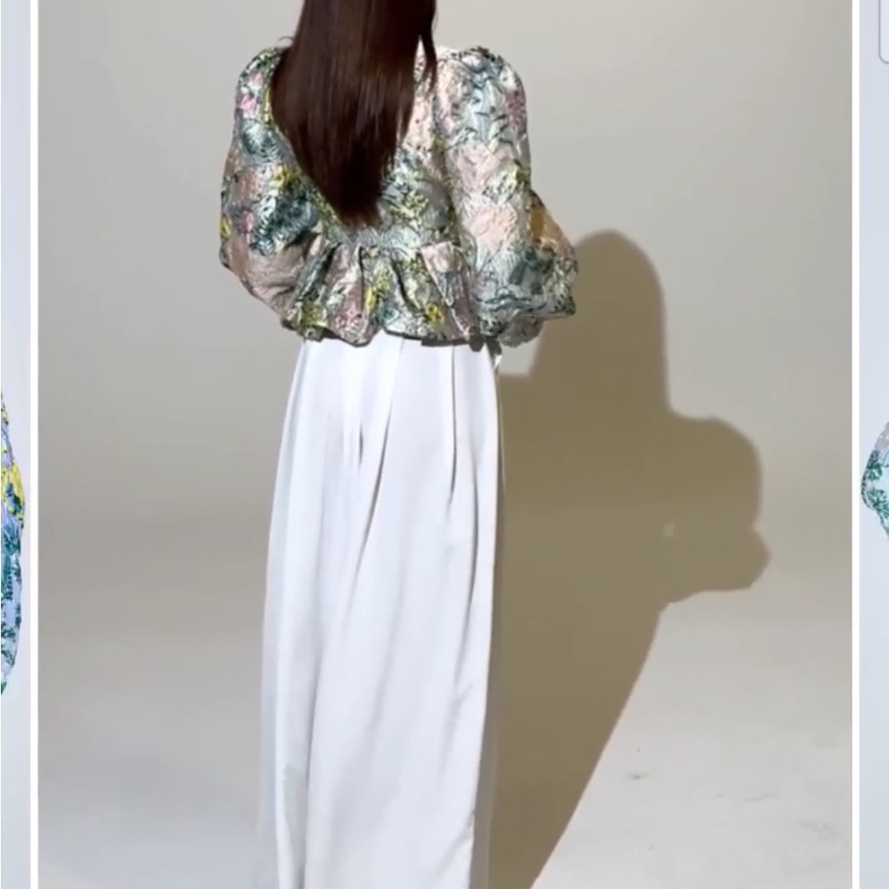 AKIRA Floral Tie-Front Puff Sleeve Blouse in Pale Pink, Green & Yellow - Picture 4 of 10